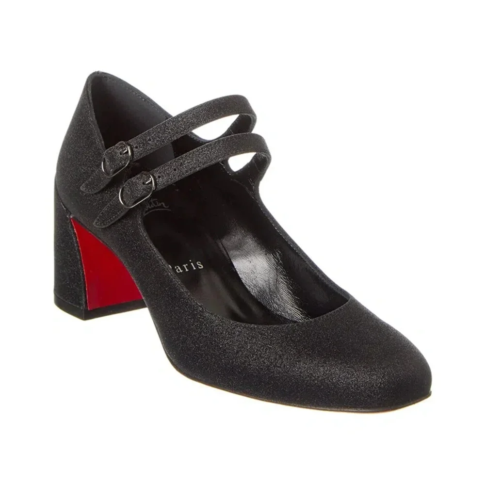 Christian Louboutin Miss Jane 55 Black Glitter Mary Jane Block Heel Pump 37.5